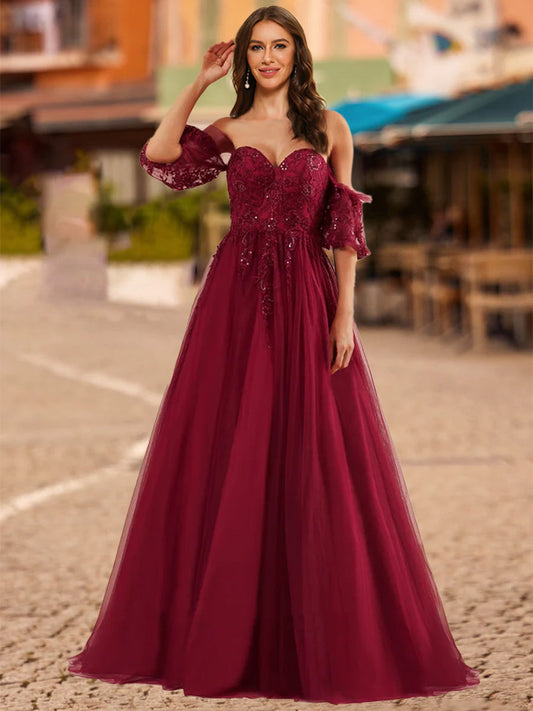Ball Gown Sweetheart Half Sleeves Sequins Formal Dresses