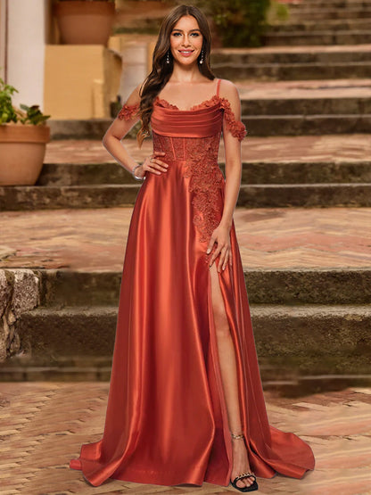 A-Line/Princess Cold Shoulder Short Sleeves Rhinestone Formal Dresses