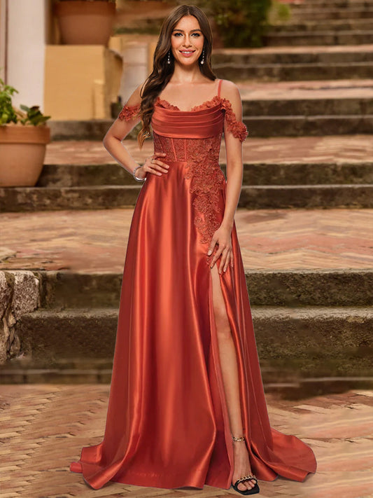 A-Line/Princess Cold Shoulder Short Sleeves Rhinestone Formal Dresses