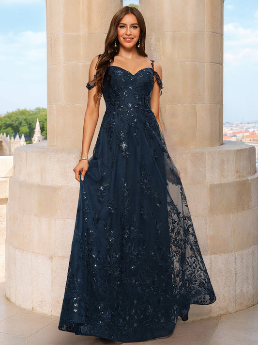 A-Line/Princess Cold Shoulder Short Sleeves Applique Formal Dresses