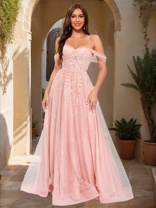 Ball Gown Off-the-Shoulder Short Sleeves Applique Formal Dresses