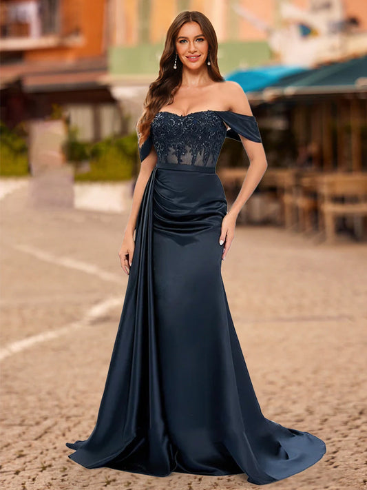 Trumpet/Mermaid Off-the-Shoulder Short Sleeves Sequins Formal Dresses
