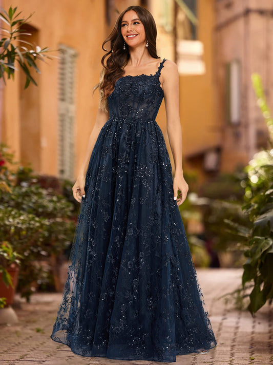 A-Line/Princess Scoop Sleeveless Sequins Formal Dresses