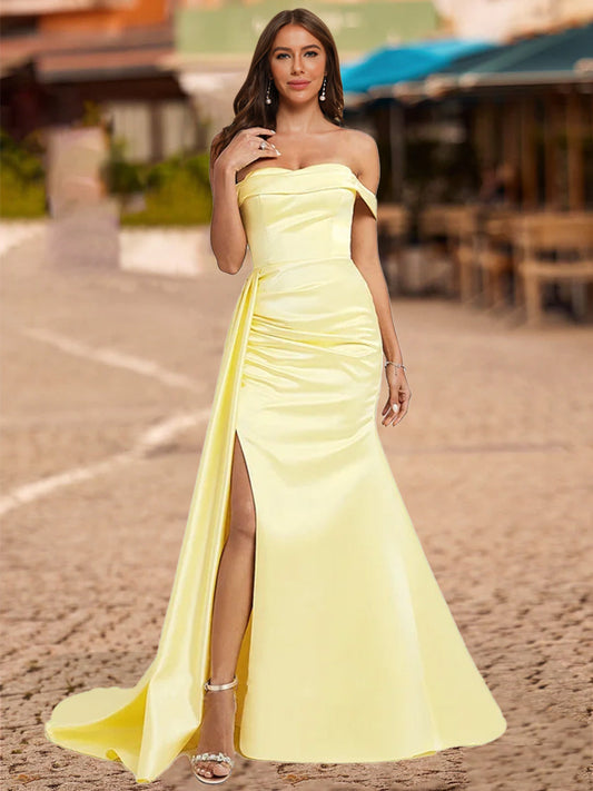 Trumpet/Mermaid Off-the-Shoulder Short Sleeves Split Side Formal Dresses