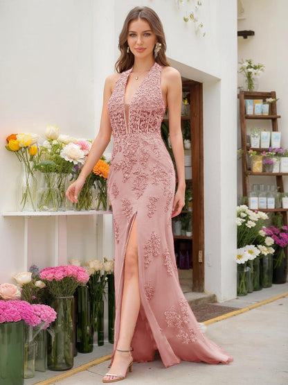 Trumpet/Mermaid Halter Sleeveless Beading Formal Dresses