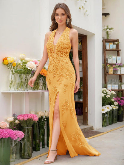 Trumpet/Mermaid Halter Sleeveless Beading Formal Dresses