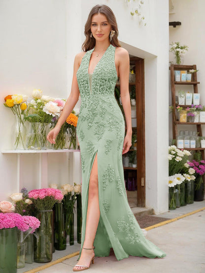 Trumpet/Mermaid Halter Sleeveless Beading Formal Dresses