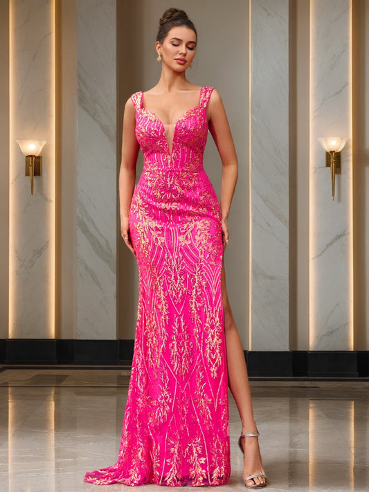 Trumpet/Mermaid V-Neck Sleeveless Sequins Formal Dresses