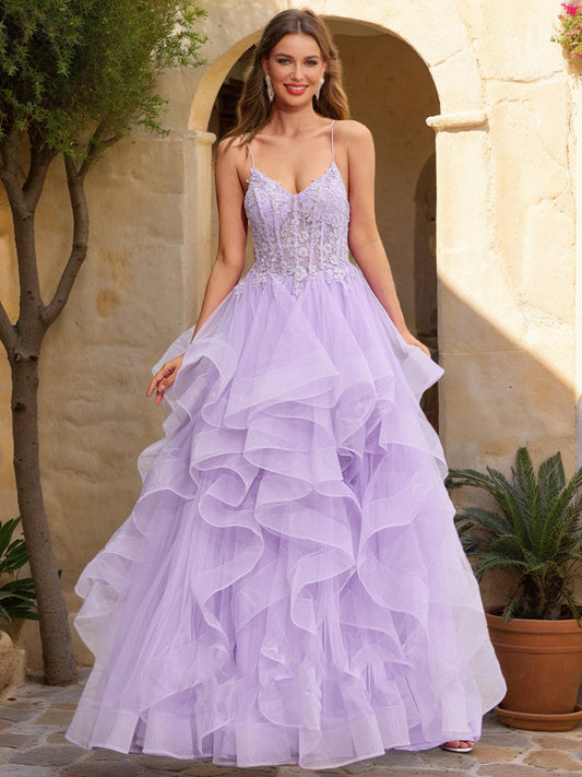 Ball Gown V-Neck Sleeveless Tiered Formal Dresses