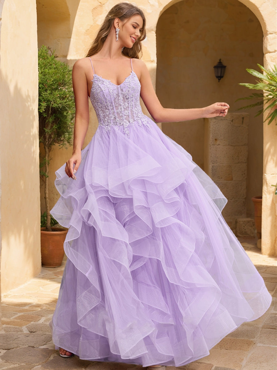 Ball Gown V-Neck Sleeveless Tiered Formal Dresses