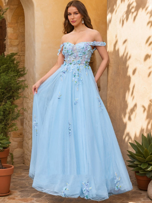Ball Gown Off the Shoulder Short Sleeves Applique Formal Dresses