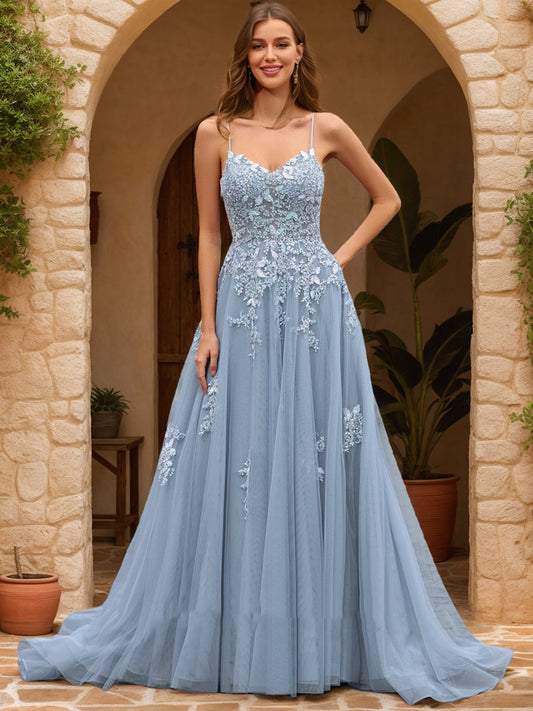 A-Line/Princess V-Neck Sleeveless Appliques Formal Dresses