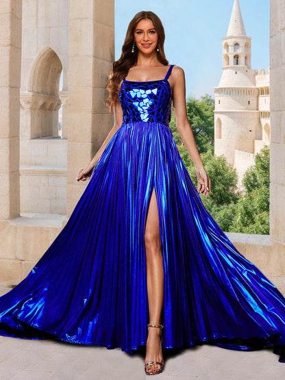 A-Line/Princess Square Neck Sleeveless Split Side Formal Dresses