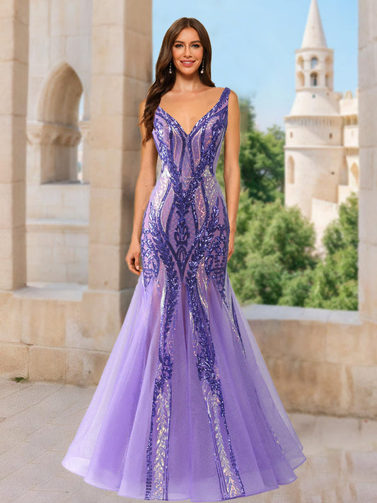 Trumpet/Mermaid V-Neck Sleeveless Sequins Formal Dresses