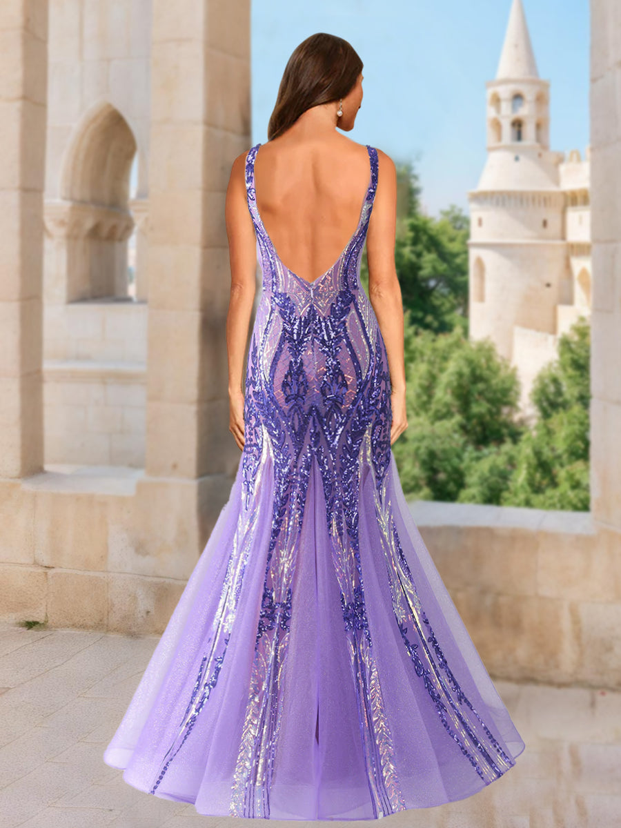 Trumpet/Mermaid V-Neck Sleeveless Sequins Formal Dresses