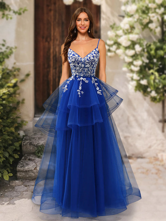 A-Line/Princess V-Neck Sleeveless Applique Formal Dresses
