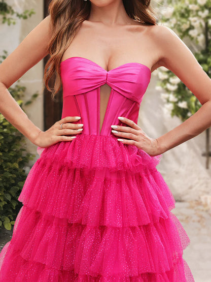 A-Line/Princess Strapless Ruffle Formal Dresses with Split Side