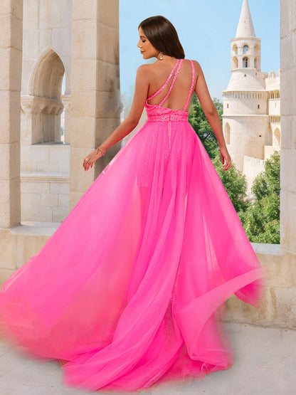 A-Line/Princess One-Shoulder Sleeveless Detachable Formal Dresses