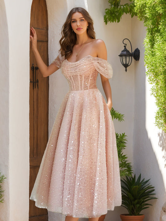 A-Line/Princess Off-the-Shoulder Sleeveless Ruched Formal Dresses