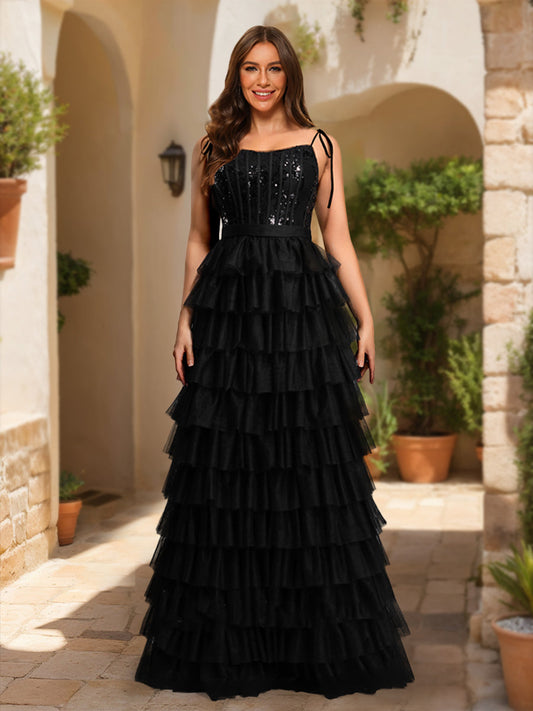 A-Line/Princess Spaghetti Straps Sleeveless Tiered Formal Dresses