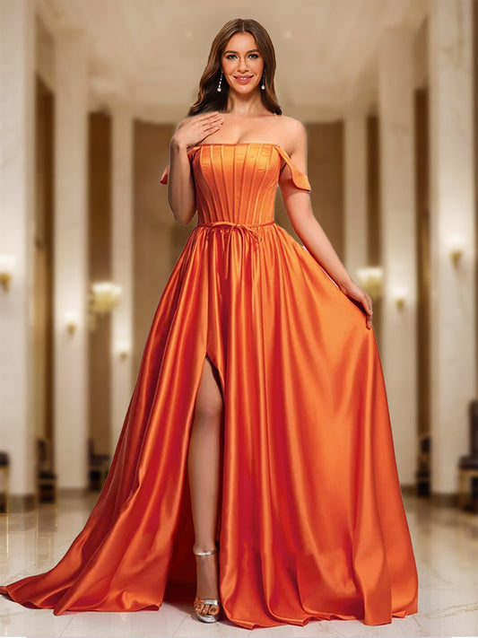 A-Line/Princess Off-the-Shoulder Long Formal Dresses with Split Side