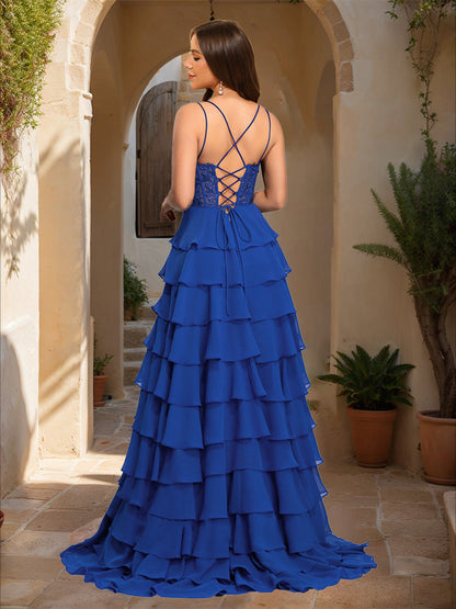 A-Line/Princess Straps Sheer Corset Lace Ruffle Formal Dresses with Appliques