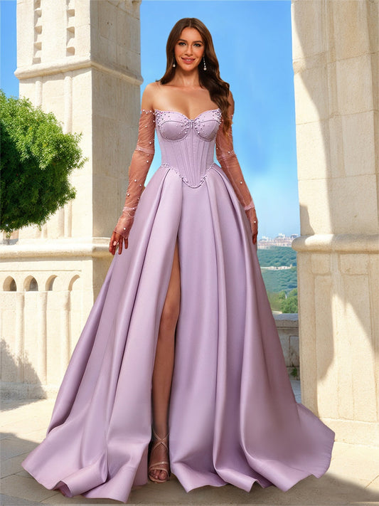 A-Line/Princess Strapless Corset Sheer Long Sleeves Formal Dresses with Pearls