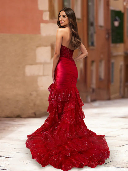Trumpet/Mermaid Strapless Corset Ruffle Formal Dresses with Sequin Appliques
