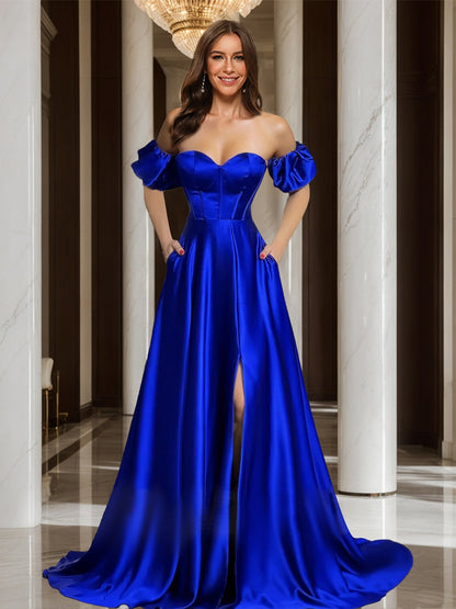 A-Line/Princess Sweetheart Strapless Corset Slit Long Formal Dresses with Detachable Sleeves