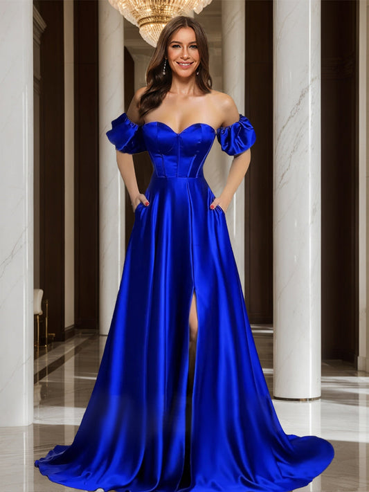 A-Line/Princess Sweetheart Strapless Corset Slit Long Formal Dresses with Detachable Sleeves
