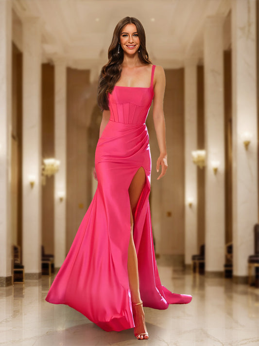 Trumpet/Mermaid Square Neck Straps Ruched Formal Dresses with Split Side