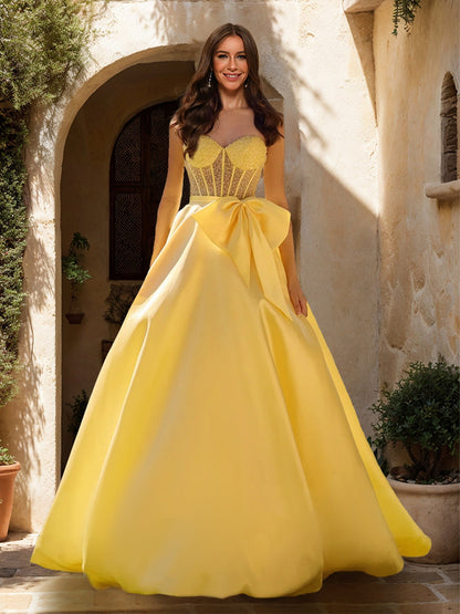 A-Line/Princess Sweetheart Sheer Corset Beaded Formal Dresses with Bow