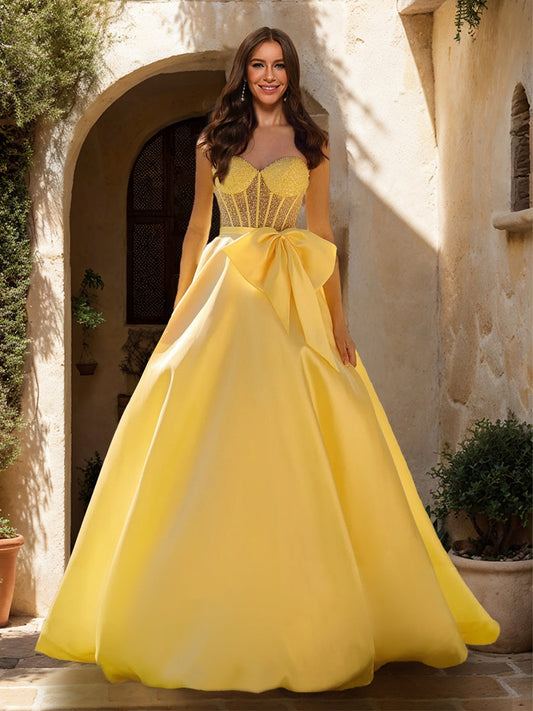 A-Line/Princess Sweetheart Sheer Corset Beaded Formal Dresses with Bow