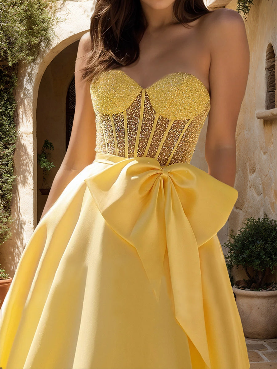 A-Line/Princess Sweetheart Sheer Corset Beaded Formal Dresses with Bow