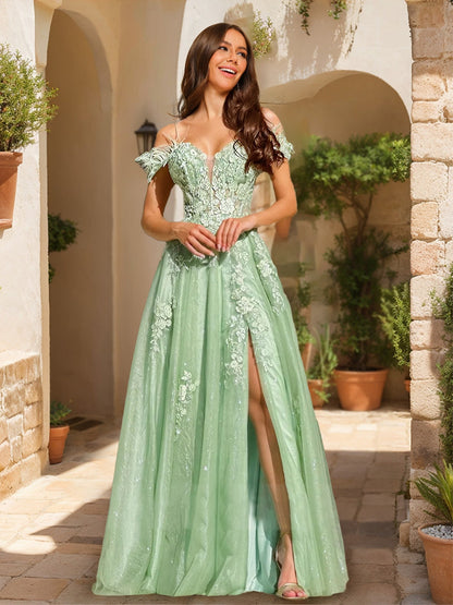 A-Line/Princess Cold-Shoulder Appliques Tulle Formal Dresses with Feathers