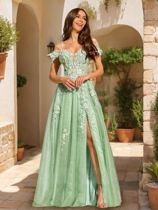 A-Line/Princess Cold-Shoulder Appliques Tulle Formal Dresses with Feathers
