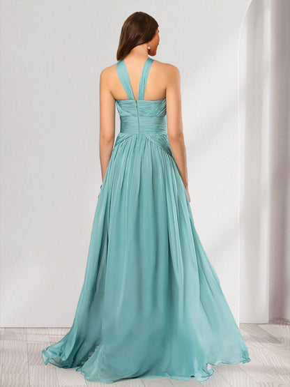 A-Line/Princess Halter Pleated Long Bridesmaid Dresses