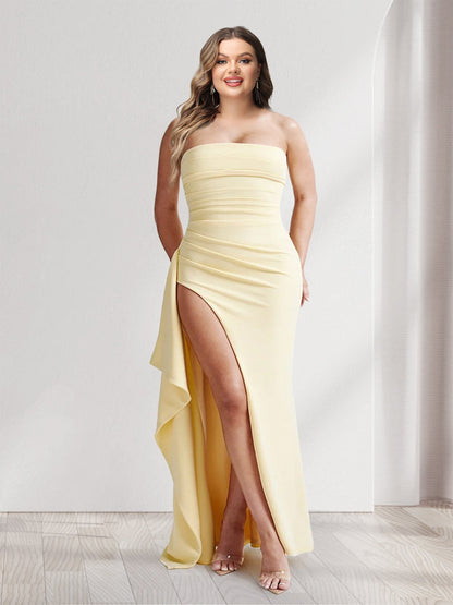 Sheath/Column Strapless Pleated Ruffle Bridesmaid Dresses with Split Side