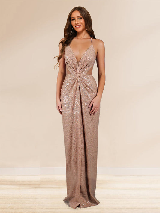 Sheath/Column Plunging Neck Lace-Up Sequin Long Formal Dresses