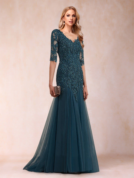 Trumpet/Mermaid V-Neck Half Sleeves Long Mother of the Bride Dresses with Appliques