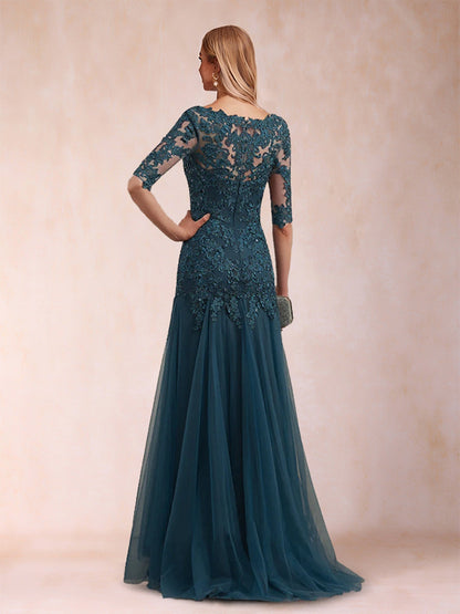 Trumpet/Mermaid V-Neck Half Sleeves Long Mother of the Bride Dresses with Appliques