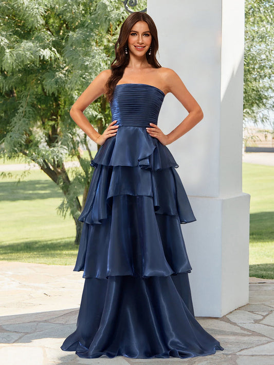 A-Line/Princess Strapless Ruffle Tiered Formal Dresses with Split Side