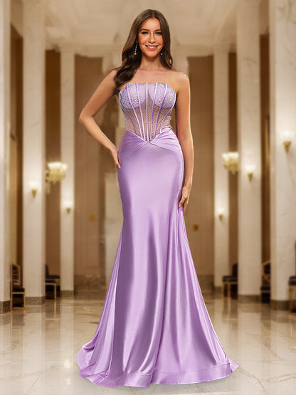 Trumpet/Mermaid Strapless Corset Beaded Long Party Dresses Formal Dresses