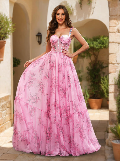 A-Line/Princess Straps Printed Floral Princess Dress Long Formal Dresses