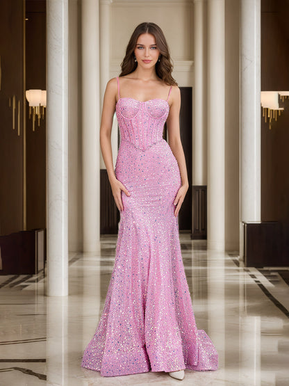 Trumpet/Mermaid Straps Corset Sequin Long Formal Dresses with Sweep Train