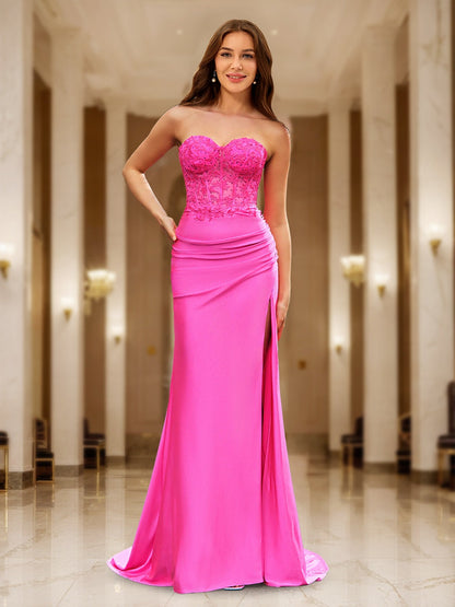 Trumpet/Mermaid Sweetheart Sheer Corset Fitted Party Dresses Long Formal Dresses with Appliques