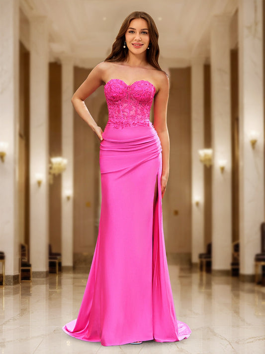 Trumpet/Mermaid Sweetheart Sheer Corset Fitted Party Dresses Long Formal Dresses with Appliques