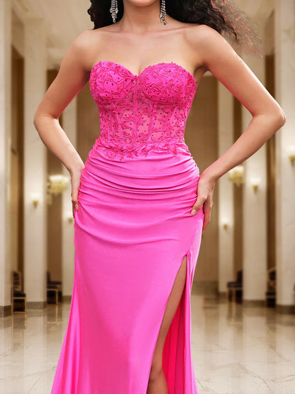 Trumpet/Mermaid Sweetheart Sheer Corset Fitted Party Dresses Long Formal Dresses with Appliques