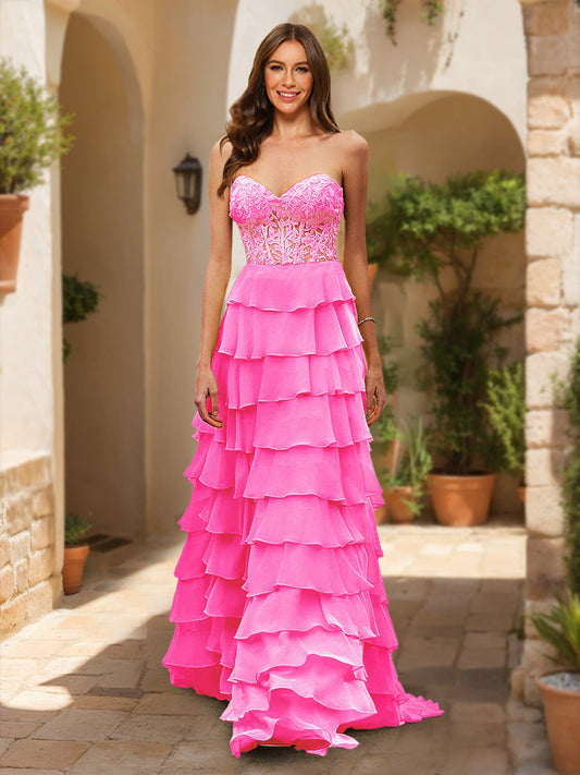 A-Line/Princess Sweetheart Sheer Corset Appliques Ruffle Formal Dresses