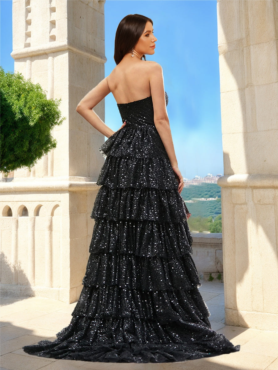 A-Line/Princess Strapless Tiered Ruffle Formal Dresses with Sequins & Split Slit